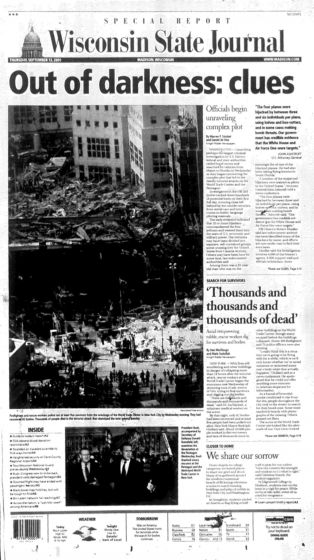 Wisconsin State Journal front page from Sept. 13, 2001